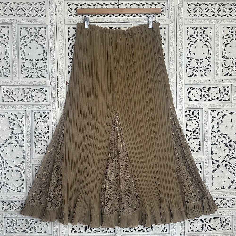 Vtg Paris Dreams Tan Stretchy Pleated Sequin‎ Cottage Prairie Skirt Sz XL